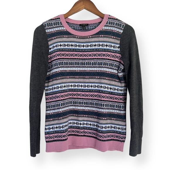 Talbots Petites SP Gray Pink Fair Isle Knit Casual Sweater Soft Lambswool Blend - Picture 1 of 7